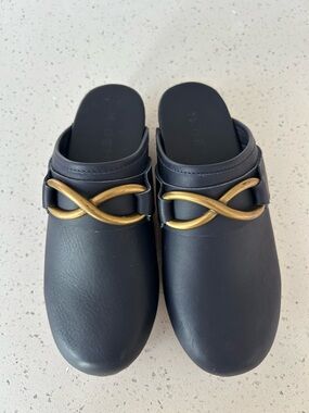 M.Gemi Miriam Leather Mule Clogs Navy Blue Gold Horsebit Size 36 Made in Italy